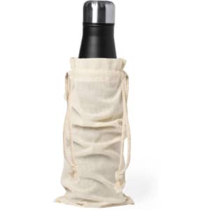 A drink bottle in a cream-coloured fabric bag with drawstrings, featuring a silver lid and a branded design.