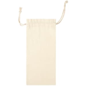 A drink bottle bag in natural cream colour with a drawstring closure and branding on the fabric.