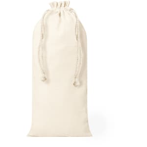 A drink bottle bag in natural cotton colour with a drawstring closure and a logo on the front.