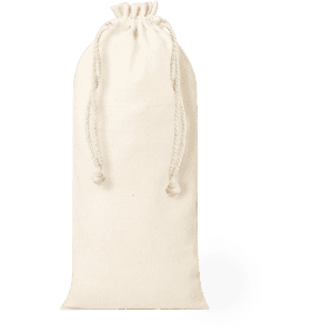 A drink bottle bag in natural cotton colour with drawstring closure and an attached logo.