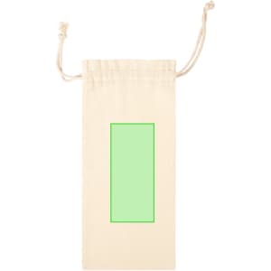 A drink bottle bag in natural cream colour with a drawstring closure and a green rectangular area. It has a logo.