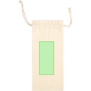 A drink bottle bag in natural canvas with a green rectangular design, featuring a drawstring closure.