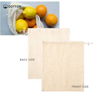 A mesh bag containing yellow lemons and orange oranges, with a cream-coloured cotton bag shown front and back.