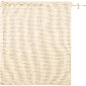 A cream-coloured mesh bag with a drawstring closure, featuring a simple design and a logo.