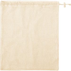 A cream-coloured mesh bag with a drawstring closure, designed for versatile storage.