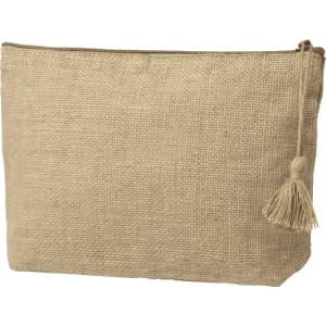 A beige jute toiletry bag with a zip closure and a decorative tassel. It features a simple, natural texture.