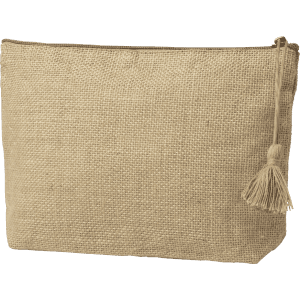 A natural hessian beauty bag with a zipper closure and a decorative tassel. Features branding on the side.