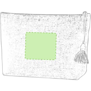 A textured grey beauty bag with a tassel accent and a green outlined label area.