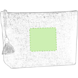 A toiletry bag in a textured finish featuring a tassel zipper pull and a blank green square for customisation.