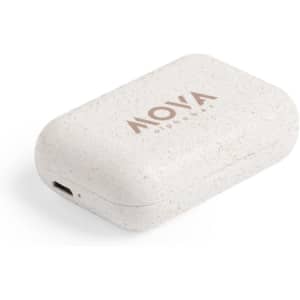 A white earphone case with a speckled texture and a logo, featuring a charging port on one side.