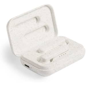 A white earphone case with two earbuds inside, featuring a textured surface and a branding logo on the exterior.