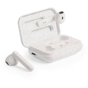 White earphones in a charging case, featuring a speckled design. The case is partially open, showing the earbuds inside.