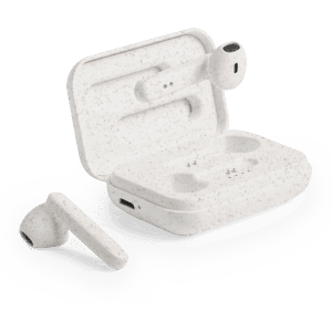 Vounel Earphones in white, featuring a charging case and one earbud outside the case. Branding visible on the case.