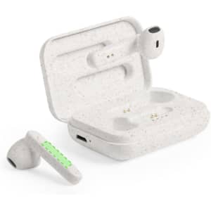 A pair of white earphones displayed next to a charging case, showcasing a natural texture and green charging indicator.