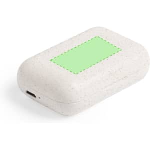 A case for earphones in a textured light beige colour, featuring a green area for branding and a USB port.
