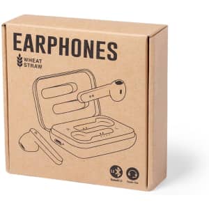 A brown cardboard box containing white earphones and a charging case, featuring a logo and simple line drawing design.