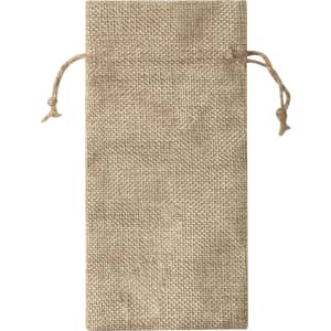 A drawstring pouch in a natural, earthy brown colour with a textured finish and ties at the top.