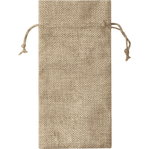 A drawstring bag in a natural brown colour, featuring a textured fabric and two tied drawstrings. It has a logo.