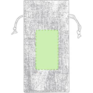 A drawstring pouch in grey with a green rectangular area and a logo, featuring two drawstrings for closure.