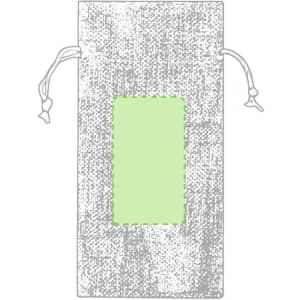 A grey drawstring pouch with a green rectangular panel, featuring two drawstrings at the top and a logo.