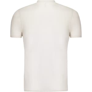 A plain cream-coloured adult T-shirt with short sleeves and a fitted style. It features a logo on the back.