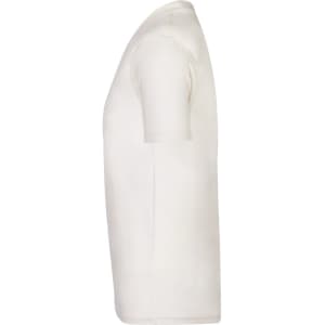 A natural white adult T-shirt in a side view. The shirt features short sleeves and has a logo.