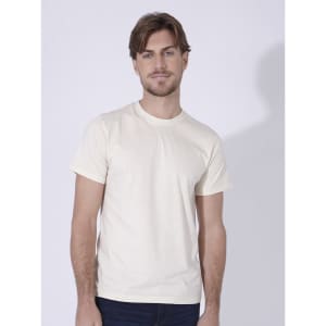 A natural beige adult T-shirt with a classic fit and short sleeves, featuring a logo.