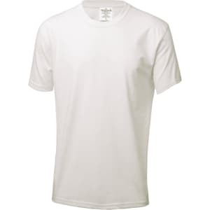 A plain white adult t-shirt with short sleeves, featuring a label and a logo on the neckline.