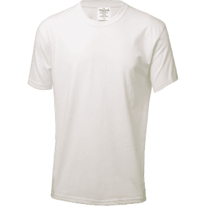 A white organic natural adult T-shirt with short sleeves and a label inside, featuring a simple design.