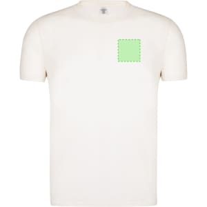 A cream-coloured organic adult T-shirt featuring a green square patch and a small logo on the neckline.