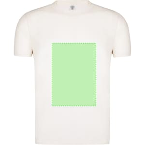 A light cream adult t-shirt featuring a plain green rectangle design. Includes a logo on the label.