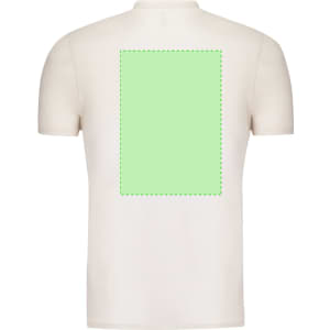 A beige adult T-shirt featuring a light green rectangular area on the back. The shirt has a logo.