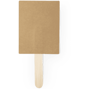 A promotional paddle sign with a brown cardboard top and a wooden stick handle. Suitable for various events.