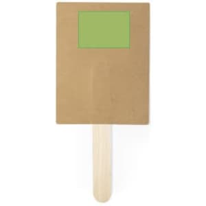 A brown cardboard sign on a wooden stick with a green rectangular label for custom messages.