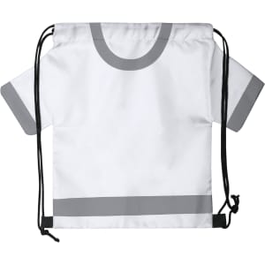 A white drawstring bag shaped like a T-shirt, featuring grey accents and a black drawstring closure.