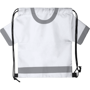 A drawstring bag in white with grey accents and a logo, featuring shirt-like sleeves.