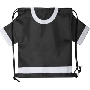A black drawstring bag with white accents, featuring a sporty design and a logo.