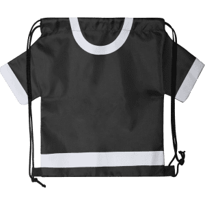 A black drawstring bag with white accents, featuring a unique t-shirt design. It has a logo on the front.