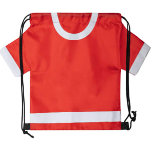 A red drawstring bag resembling a T-shirt with white accents, featuring black cords for closure. It has a logo.