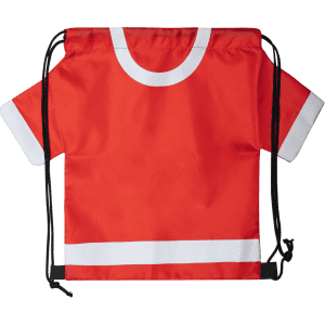 A red drawstring bag designed to resemble a jersey, featuring white accents and black straps.