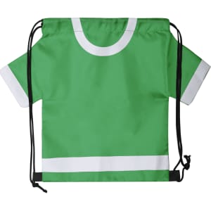 A green drawstring bag designed to resemble a shirt, featuring white stripes and a logo.