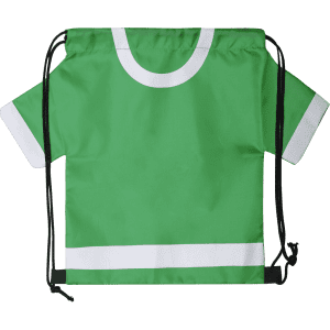 A green drawstring bag with white accents and a shirt-like design, featuring a logo.