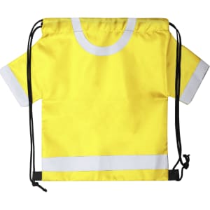 A yellow drawstring bag designed like a shirt, featuring white accents and a logo.