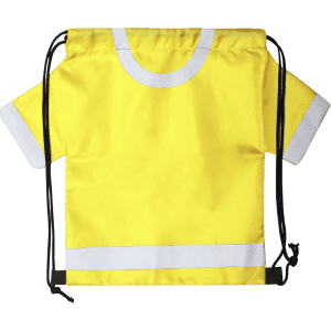 A yellow drawstring bag shaped like a T-shirt with black cords and reflective white stripes.