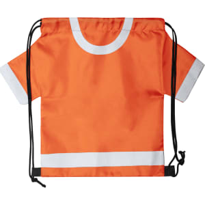 An orange drawstring bag designed to look like a sports jersey, featuring white accents and a logo.