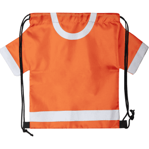 An orange drawstring bag with white accents, designed in the shape of a T-shirt. It features a logo.