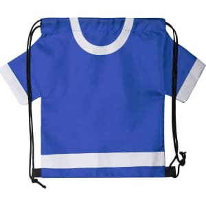A blue drawstring bag with white accents and a shirt-like design. It includes a branding logo.