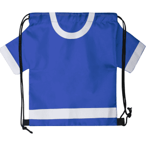 A blue drawstring bag featuring white accents, designed in the shape of a shirt, with a logo on it.