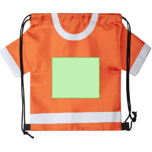 An orange drawstring bag in the shape of a T-shirt, featuring white stripes and a blank green square.