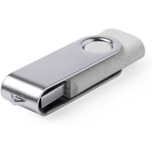 A sleek silver and grey USB flash drive with a swivel design and a logo.